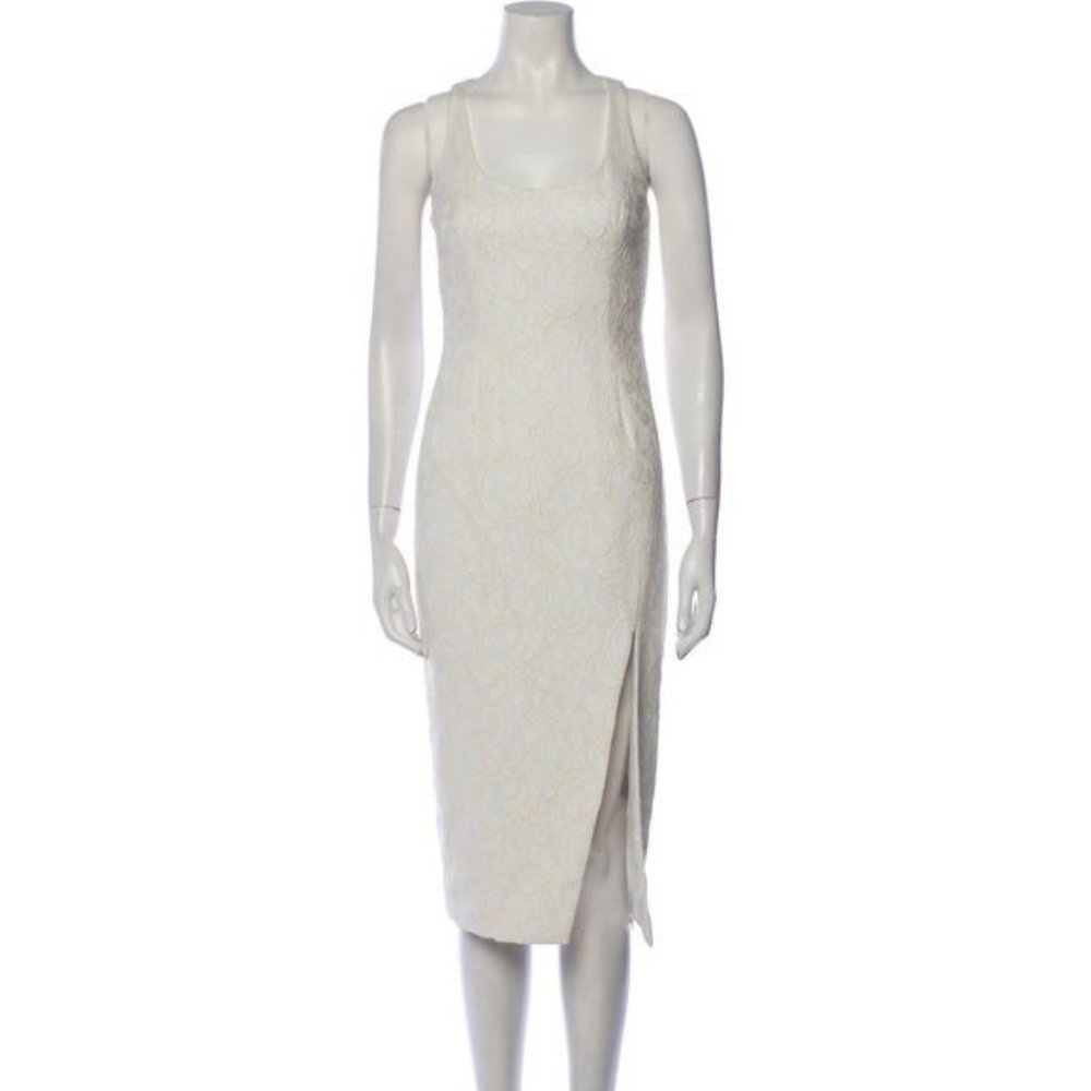 JayGodfrey White Paisley Jacquard Scoop Neck Front Slit Midi Length Dress 0